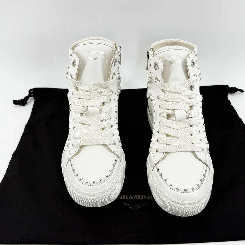 Zadig & Voltaire Womens ZV1747 Flash High Top Sneakers White Leather Studded NEW